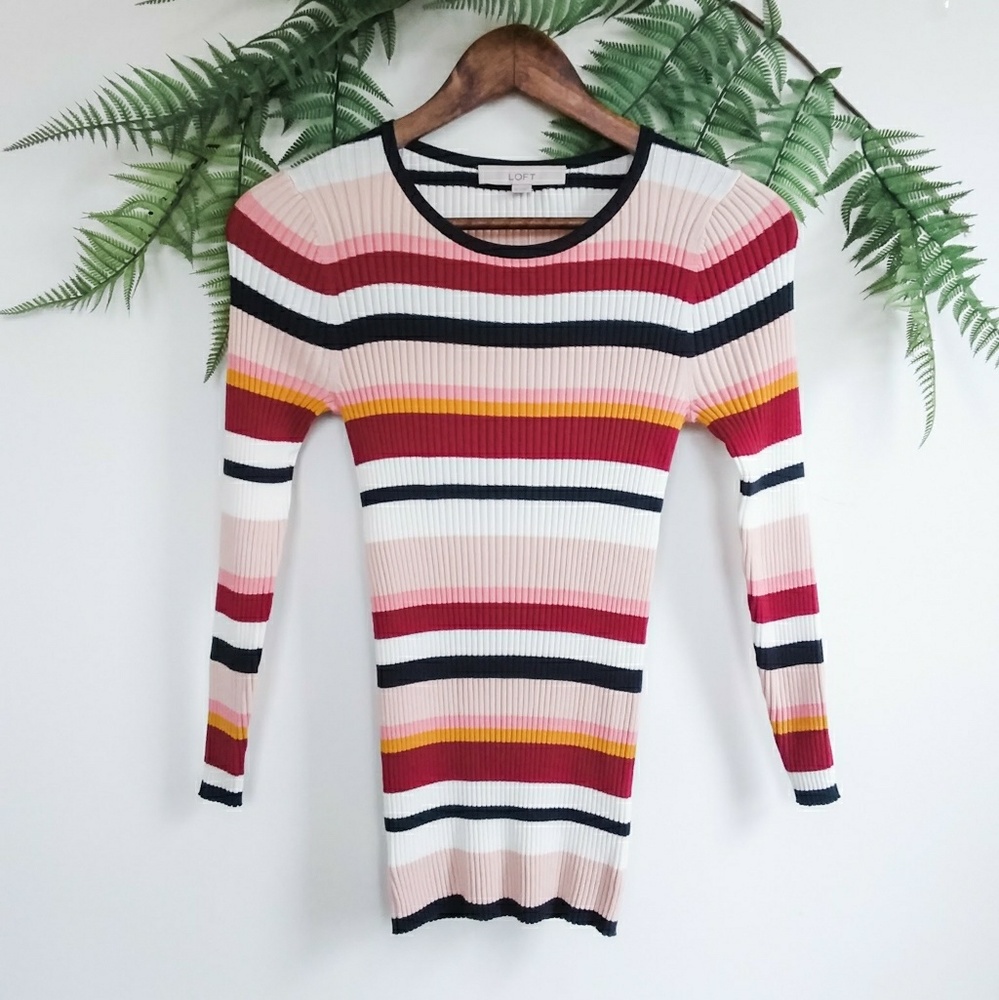 LOFT Ribbed Colorful Striped Sweater Top